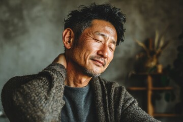 Thoughtful Mature Asian Man Relaxing Indoors with Calm Expression