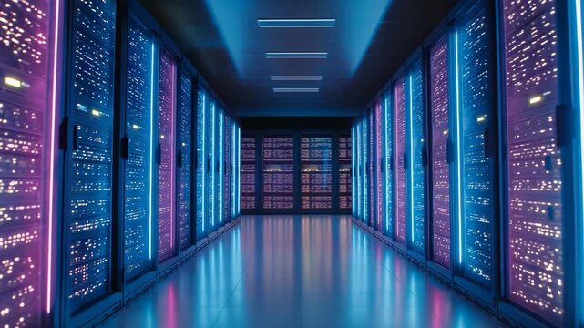 A long aisle of LED-lit server racks glowing in blue and magenta tones, with reflections on polished floors &mdash; futuristic data center atmosphere emphasizing high-performance computing and modern