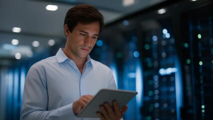 A technician walking through a high-security data store filled with glowing server racks, checking dashboards on a tablet — modern data infrastructure, cloud storage management, and enterprise - Powered by Adobe