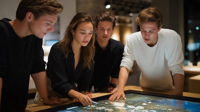 A team of architects gathered around a large digital map discussing infrastructure planning for new private housing, representing innovation, collaboration, and sustainable community growth.