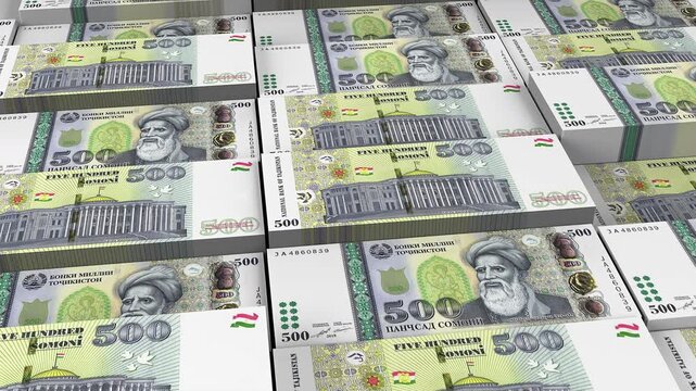 Tajikistan 500 Somoni Banknote Horizontal 3D Animation ? Financial Money Flow, Business, Banking, Economy Growth and Currency Exchange Visualization