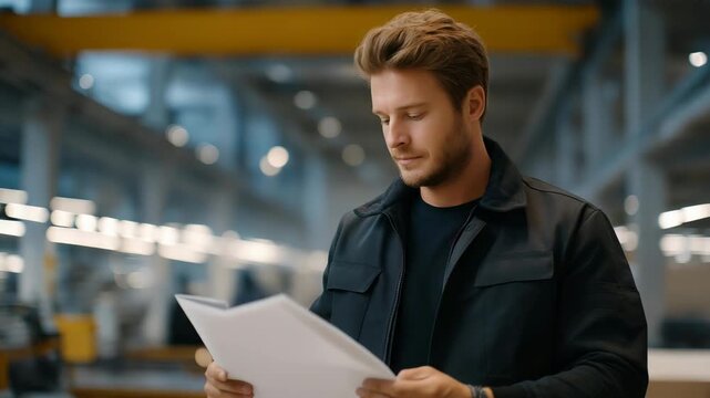 An engineer walking through a busy factory floor while reviewing updated blueprint revisions on a tablet &mdash; integrated industrial workflow connecting digital planning with real-world manufacturing
