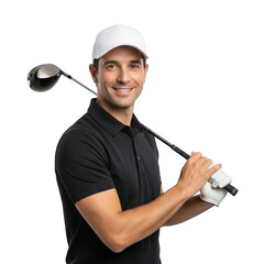 Smiling caucasian male golfer wearing a white cap and black polo shirt holding a driver club isolated on transparent background