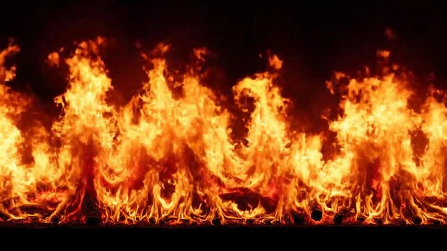 Intense Wall of Fire with Orange Yellow Flames Dancing Against a Dark Black Background with Embers and Smoke Creating a Dramatic and Intense Atmosphere