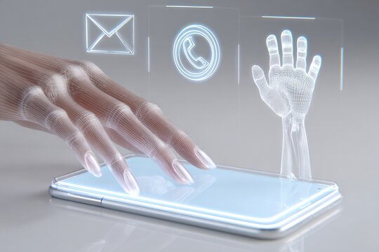 Futuristic Biometric Hand Interface Touching Smartphone Screen - Powered by Adobe