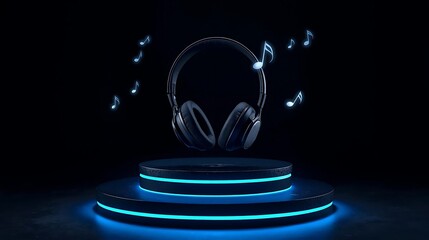 Futuristic headphones on a neon illuminated stage with music notes