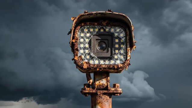 A heavily rusted old security camera symbolizes decay and forgotten surveillance