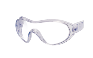 Close-up of clear safety goggles with soft frame designed for protective eyewear