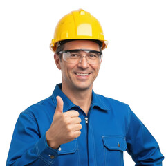 Smiling male construction worker wearing yellow hard hat and blue coveralls giving thumbs up gesture isolated on transparent background