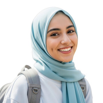 Young muslim woman wearing a light blue hijab and backpack isolated on transparent background