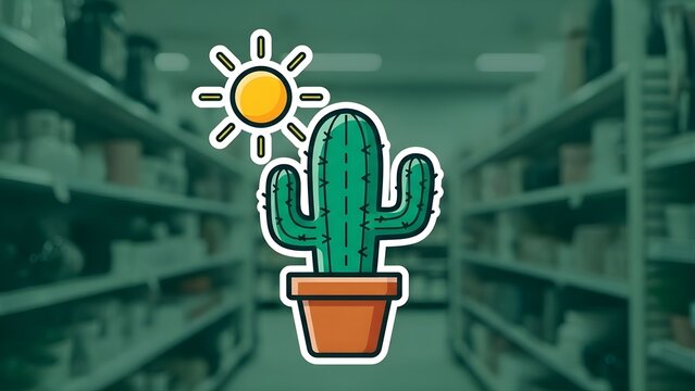 Fototapeta Vibrant cartoon illustration of a potted cactus with a shining sun icon, representing growth and natural light, set against a blurred background of retail store shelves