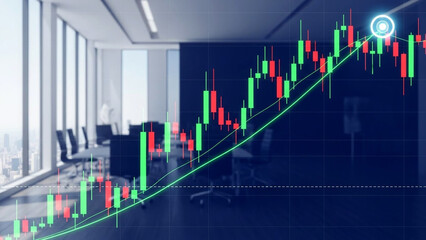 Abstract financial candlestick chart showing upward trend and growth projection overlaid on a blurred modern corporate boardroom setting