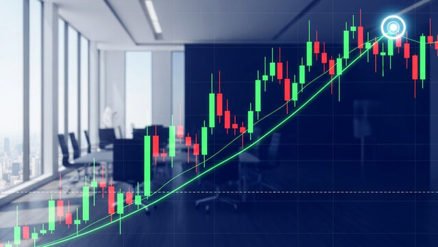 Abstract financial candlestick chart showing upward trend and growth projection overlaid on a blurred modern corporate boardroom setting - Powered by Adobe