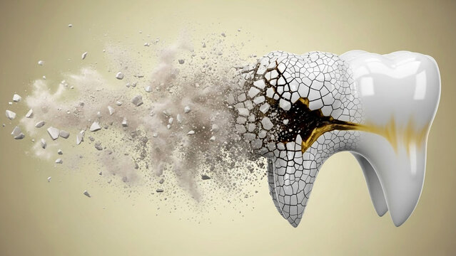 Dental decay concept showing a tooth structure disintegrating into dust representing severe erosion and oral health problems