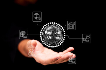 Obraz premium A hand is extended, showcasing digital icons related to online payment services, emphasizing the concept of digital transactions and e-commerce.