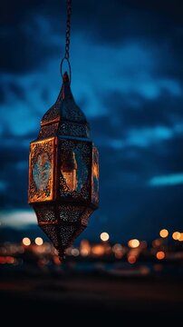 Glowing ornamental Arabic lantern hanging against blue twilight sky and bokeh city lights during Ramadan (Vertical Video)