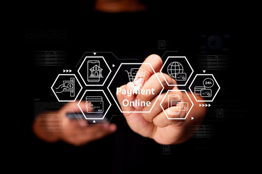 A person interacts with a digital interface displaying online payment options, emphasizing modern financial transactions and technology.