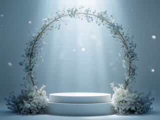 Winter wonderland stage with snowy arch and podium