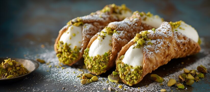 Italian cannoli with ricotta cream, pistachio bits, and powdered sugar. Ideal for commercial image, confectionery menu, recipe book and cooking blog and web site