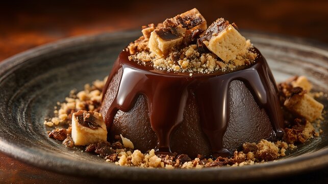 Traditional Italian bonet chocolate pudding topped with amaretti crumbs, deep chocolate tones, and warm rustic lighting. Ideal for commercial image, menu, recipe book and cooking blog or web site