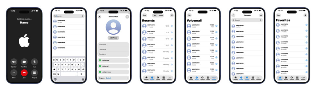 iPhone 17 Pro Max Call UI showing contacts, accept, reject, recent calls, and missed calls panels in modern iOS interface vector illustration