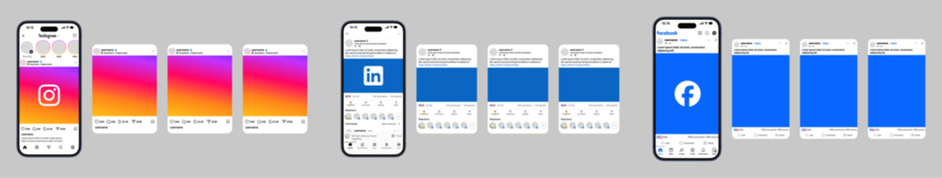Instagram LinkedIn Facebook layout showing post feed, home timeline, and carousel post panels in modern social media interface vector illustration
