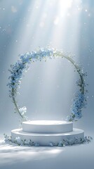 Ethereal winter stage with floral arch and spotlight