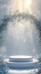 Magical winter snow scene with illuminated podium