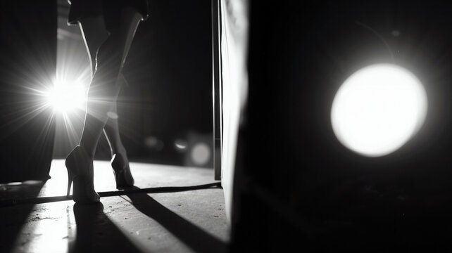 Candid close-up of female idol silhouette in shadow with IEM and trailing wire, stepping toward sudden burst of blown-out white stage light