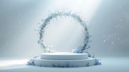 Elegant white wedding arch and pedestal display with soft lighting