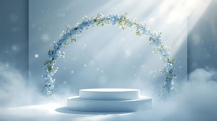 Ethereal winter archway with circular podium and soft light