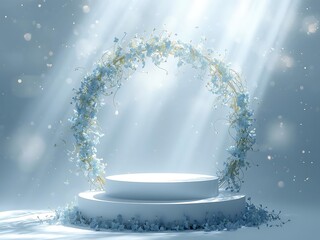 Elegant winter wedding arch and pedestal with soft light