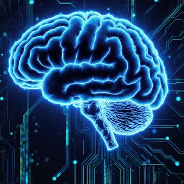 Futuristic glowing brain on blue abstract binary code background signifying sci-tech transformation