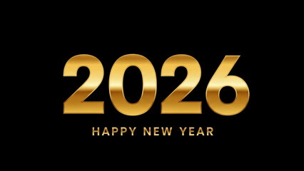 Elegant golden 2026 happy new year greeting text design featuring bold metallic numbers on a black background
