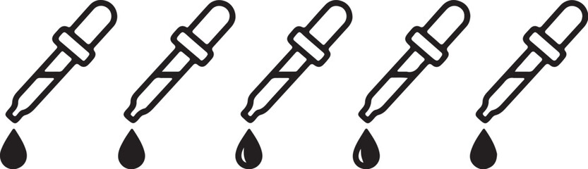 Row of five line art icons of droppers with falling liquid drops on white background pipette science on transparent background