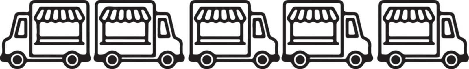 Row of five line art icons of food trucks with awnings on white background mobile food street food on transparent background