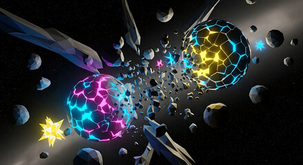 Abstract cosmic explosion of glowing celestial bodies with debris in dark space