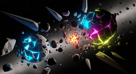 Dynamic abstract collision of two glowing, fractured spheres, scattering vibrant energy and geometric debris in a dark void, symbolizing powerful cosmic forces