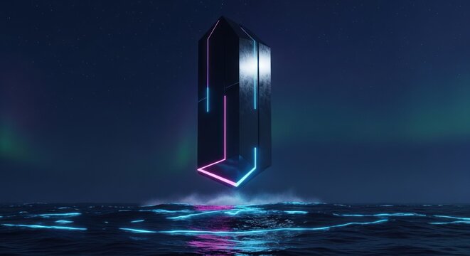 Futuristic Neon Monolith Floating Above a Dark Digital Ocean.
