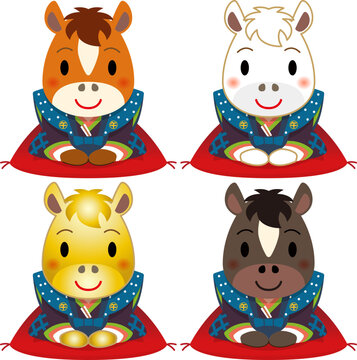 裃を着て新年の挨拶をする、かわいい十二支の馬のアイコンイラストセット。Horse icon illustration
午（赤毛・白毛・金色・黒毛）