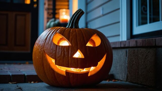 Video A carved pumpkin sitting on the porch steps of a house, great for fall or Halloween-themed images