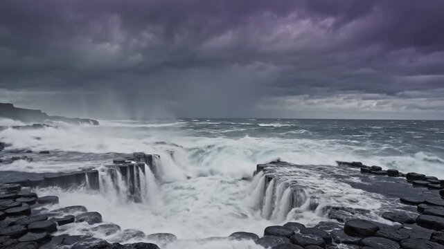 Dramatic Stormy Sea Waves Crashing Against Hexagonal Basalt Rock Formations Under Moody Purple Gray Clouds Dramatic Coastal Landscape Scene