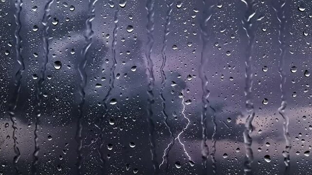 Close up of water droplets on glass with a dark stormy sky and purple clouds in the background natural light through the rain covered window pane during a downpour on a gloomy day