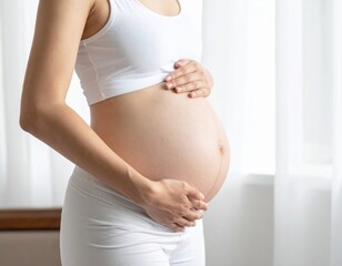 Pregnant woman in white clothing cradling baby bump while standing in bright natural light