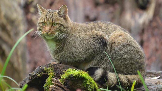 Katze sitzt wachsam auf einem moosigen Baumstamm in einer nat&uuml;rlichen Umgebung, Europ&auml;ische Wildkatze (Felis silvestris), Sommer, Deutschland, Europa