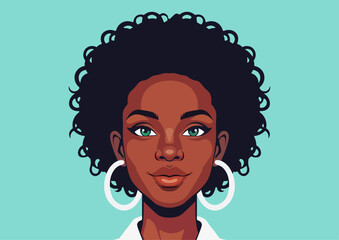 Black or african american woman with large hoop earrings and curly hair against teal background
