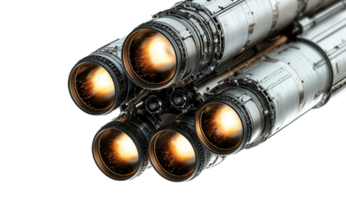 Scientific visualization of rocket engines in action with glowing exhaust and thrust force