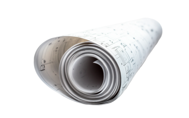 Detailed view of architectural drawings and project plans neatly rolled for review