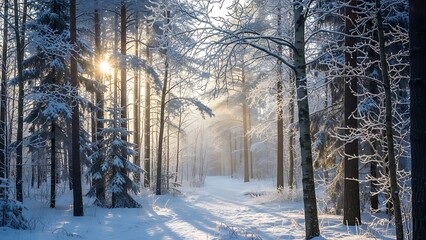 snow covered trees in the morning background