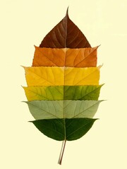 Single leaf divided into sections, each showing different shades from green to yellow to brown, symbolizing changing seasons.